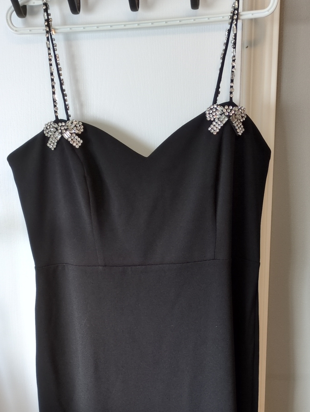 le chateau Black Floor Length Lined Dress with Crystal Adjustable Bow Straps